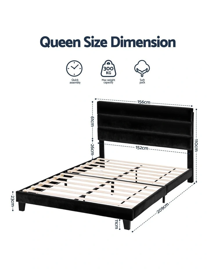 Artiss Queen Bed Frame Upholstered Platform Base with Geometric Headboard Black Velvet image 3