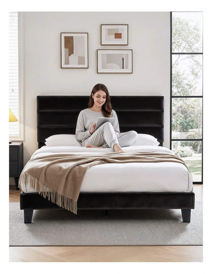 Artiss Queen Bed Frame Upholstered Platform Base with Geometric Headboard Black Velvet image 5