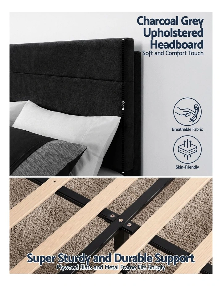 Artiss Queen Bed Frame Upholstered Platform Base with Geometric Headboard Black Velvet image 6