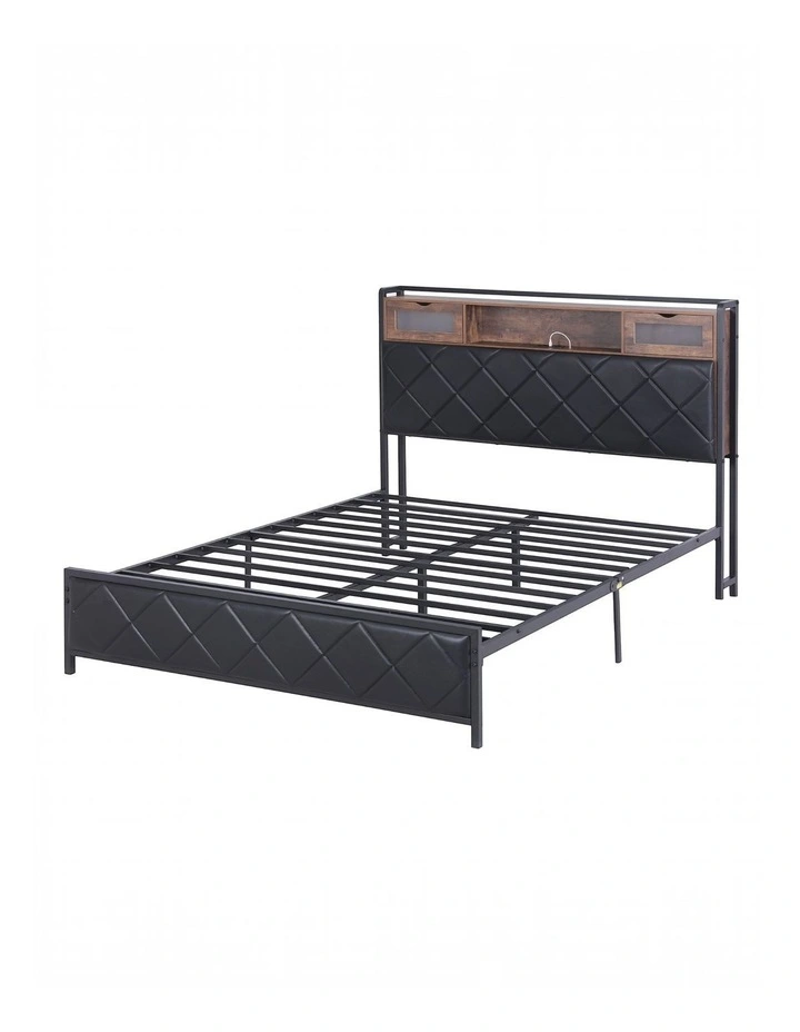 Artiss Queen Bed Frame with LED Lights and Storage Headboard Charging Station image 1