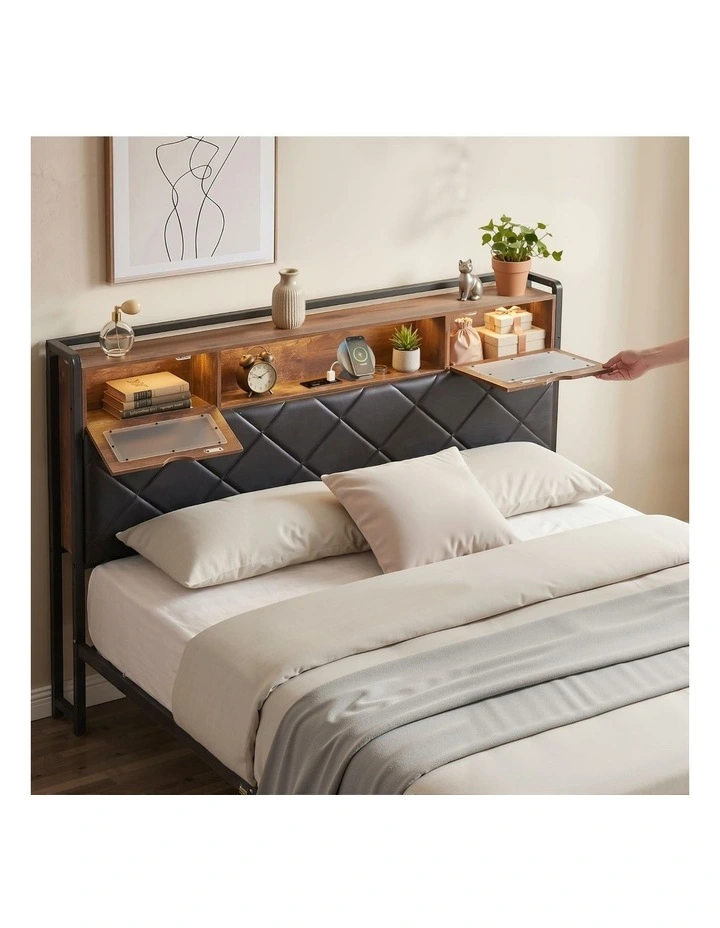 Artiss Queen Bed Frame with LED Lights and Storage Headboard Charging Station image 4