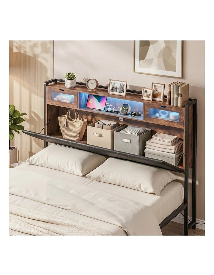 Artiss Queen Bed Frame with LED Lights and Storage Headboard Charging Station image 5