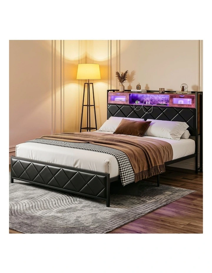 Artiss Queen Bed Frame with LED Lights and Storage Headboard Charging Station image 6