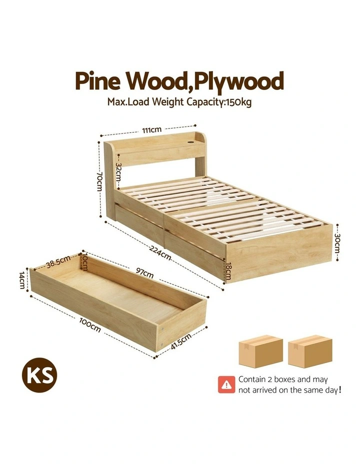 Artiss King Single Bed Frame 2 Drawers Headboard USB Ports Natural image 3
