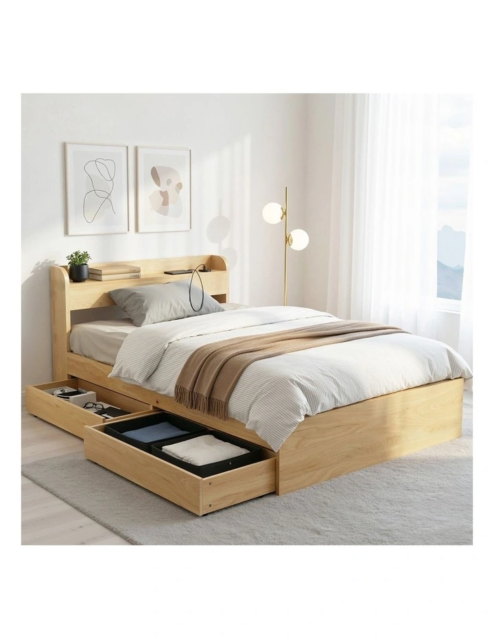 Artiss King Single Bed Frame 2 Drawers Headboard USB Ports Natural image 4