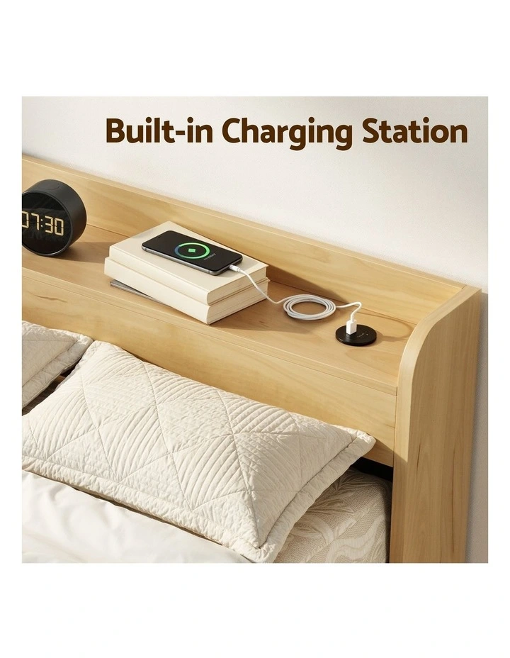 Artiss King Single Bed Frame 2 Drawers Headboard USB Ports Natural image 5