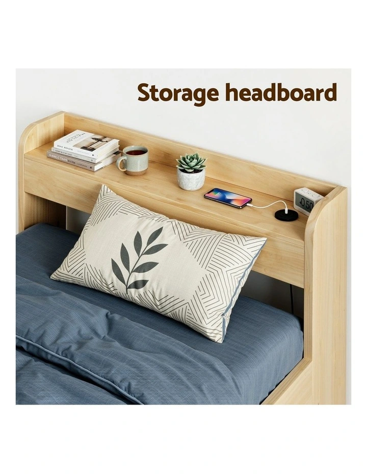 Artiss King Single Bed Frame 2 Drawers Headboard USB Ports Natural image 6