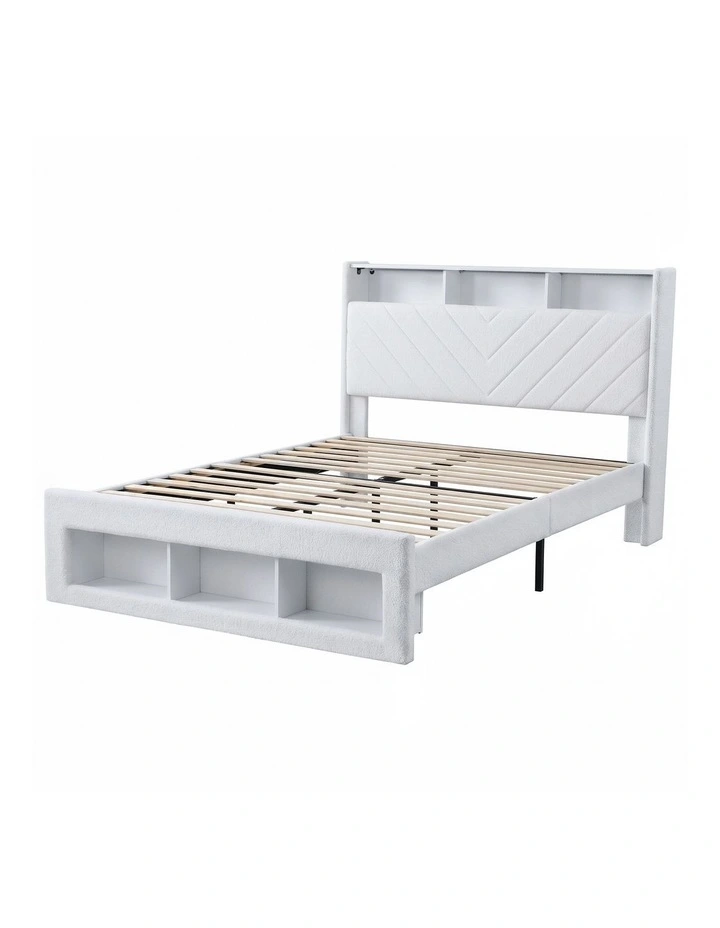 Artiss Queen Bed Frame with Storage Charging Station & LED White image 1