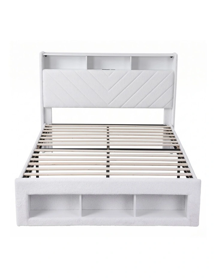 Artiss Queen Bed Frame with Storage Charging Station & LED White image 3