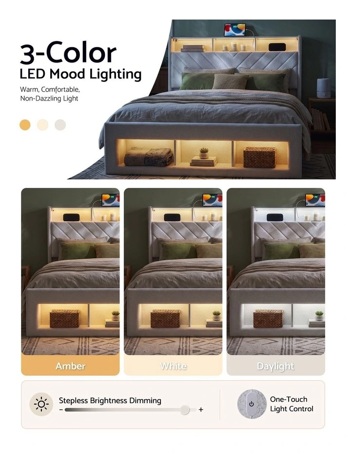 Artiss Queen Bed Frame with Storage Charging Station & LED White image 6