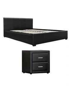Artiss Gas Lift Queen Bed Frame and Bedside Table Set Leather Black