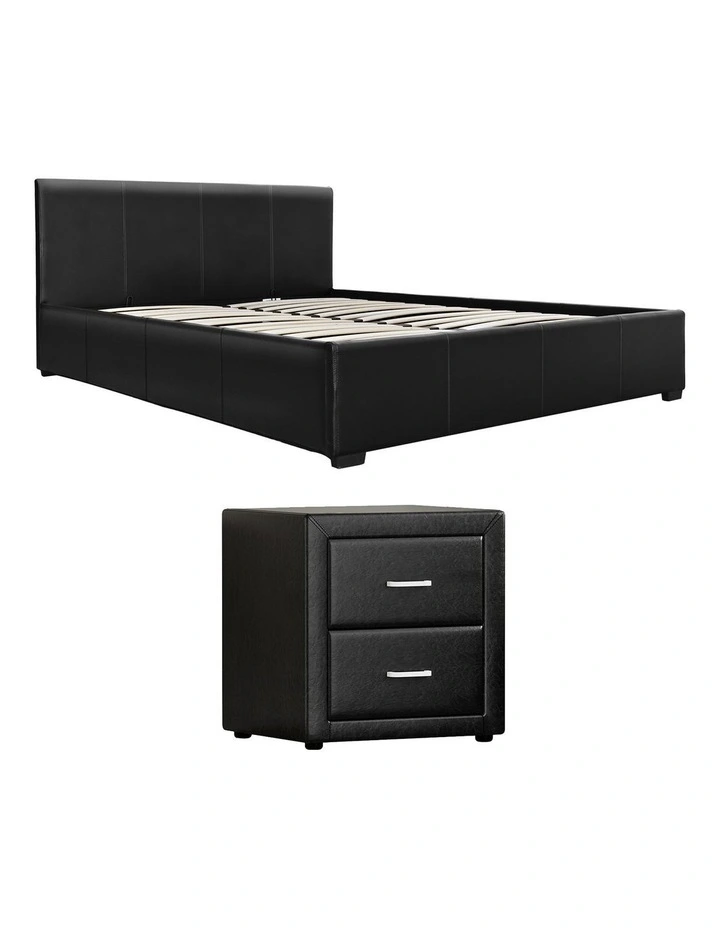 Artiss Gas Lift Queen Bed Frame and Bedside Table Set Leather Black image 1