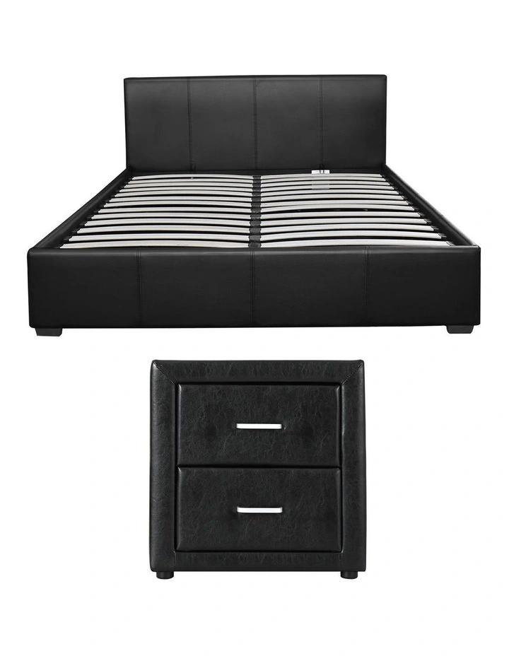Artiss Gas Lift Queen Bed Frame and Bedside Table Set Leather Black image 2