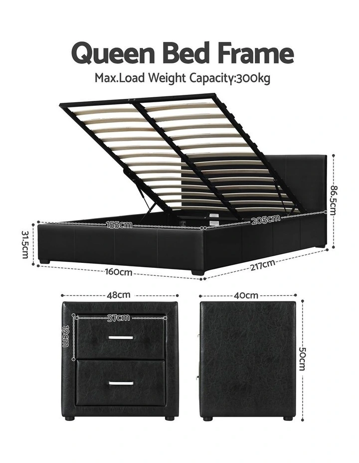 Artiss Gas Lift Queen Bed Frame and Bedside Table Set Leather Black image 3