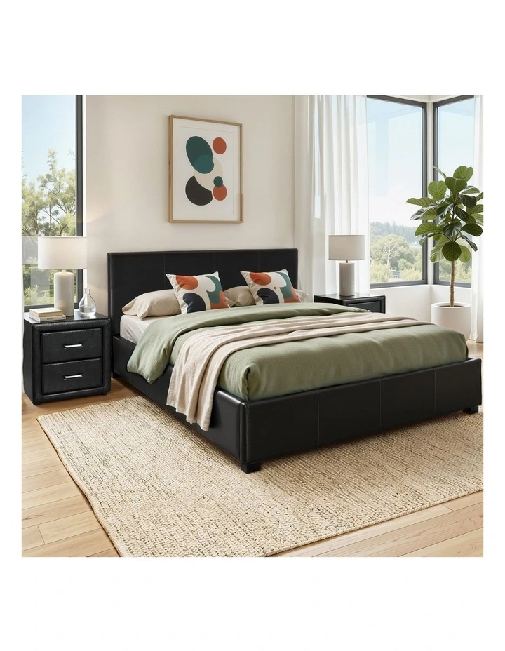Artiss Gas Lift Queen Bed Frame and Bedside Table Set Leather Black image 4