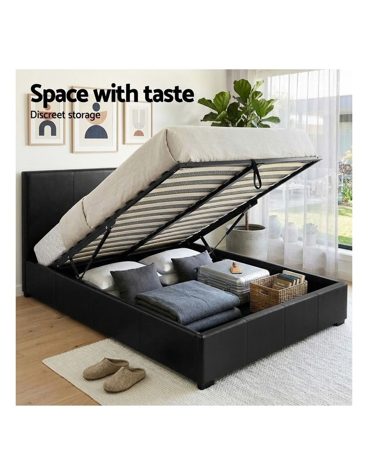 Artiss Gas Lift Queen Bed Frame and Bedside Table Set Leather Black image 5