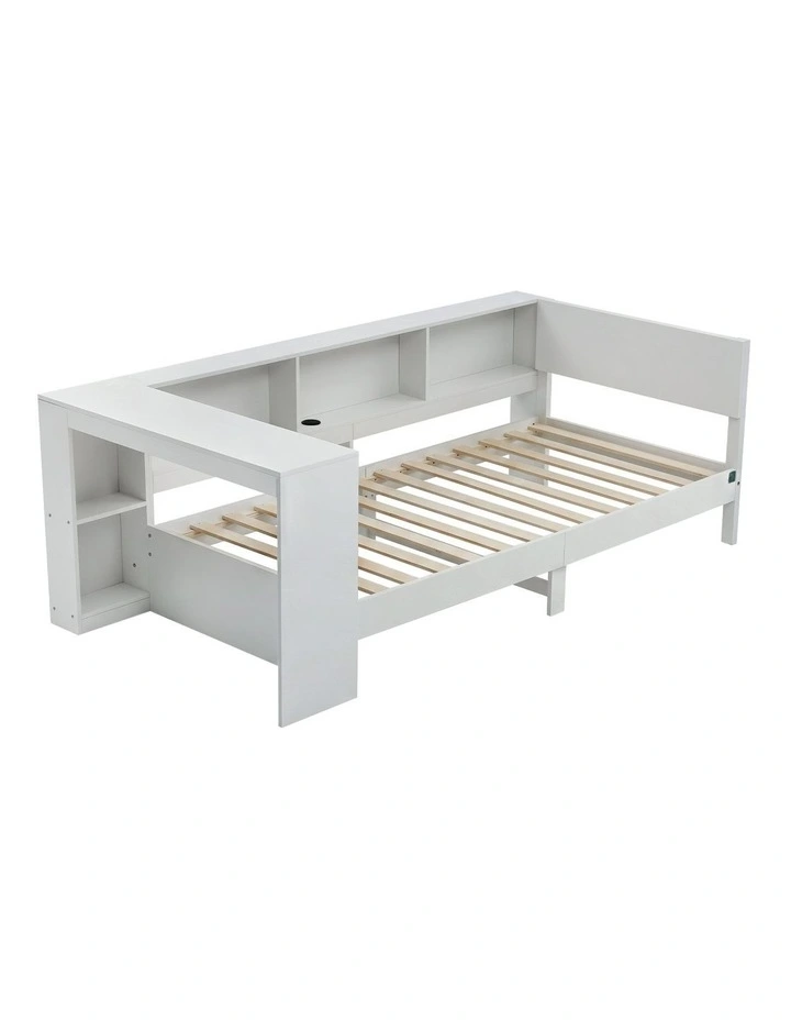Artiss Single Wooden Platform Bed Frame with Desk, Storage Shelves & USB-C Charging White image 1