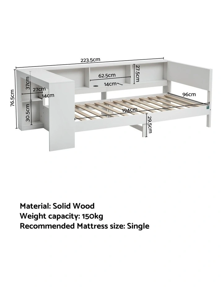 Artiss Single Wooden Platform Bed Frame with Desk, Storage Shelves & USB-C Charging White image 2
