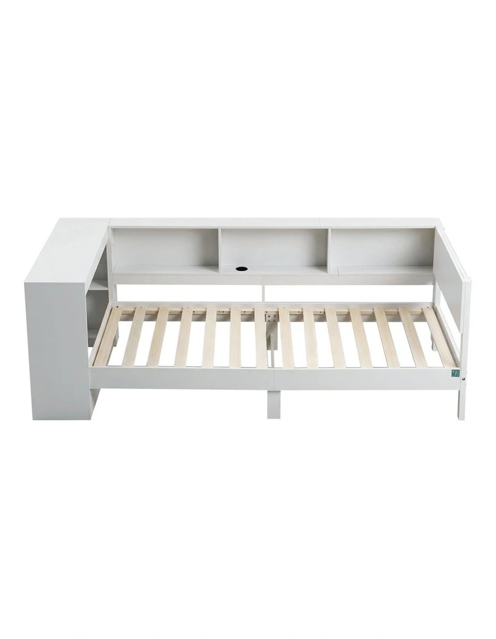 Artiss Single Wooden Platform Bed Frame with Desk, Storage Shelves & USB-C Charging White image 3