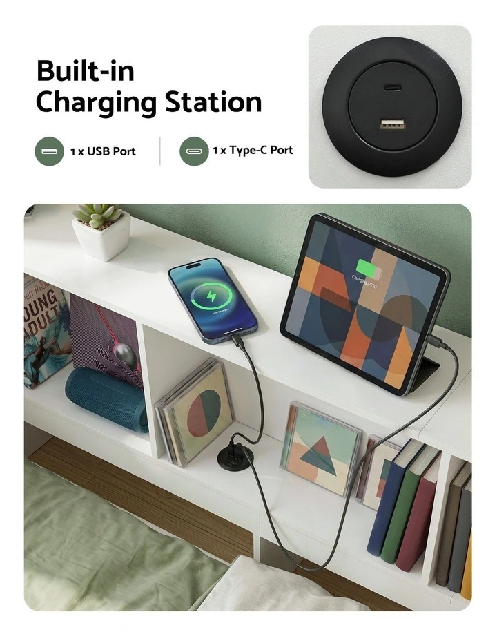 Artiss Single Wooden Platform Bed Frame with Desk, Storage Shelves & USB-C Charging White image 4