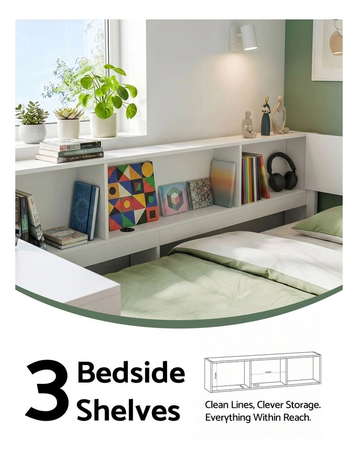 Artiss Single Wooden Platform Bed Frame with Desk, Storage Shelves & USB-C Charging White image 5