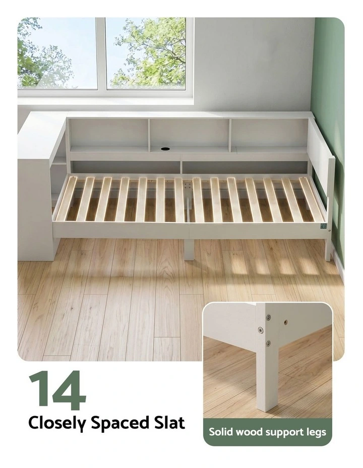 Artiss Single Wooden Platform Bed Frame with Desk, Storage Shelves & USB-C Charging White image 6