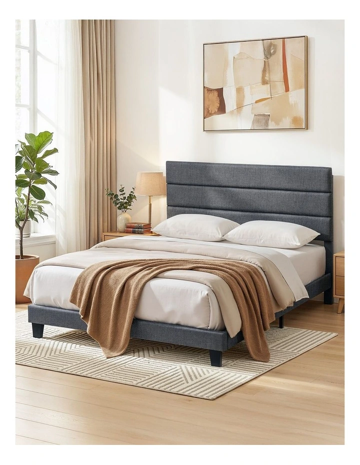 Artiss Double Upholstered Bed Frame Geometric Headboard Linen Charcoal Grey image 4