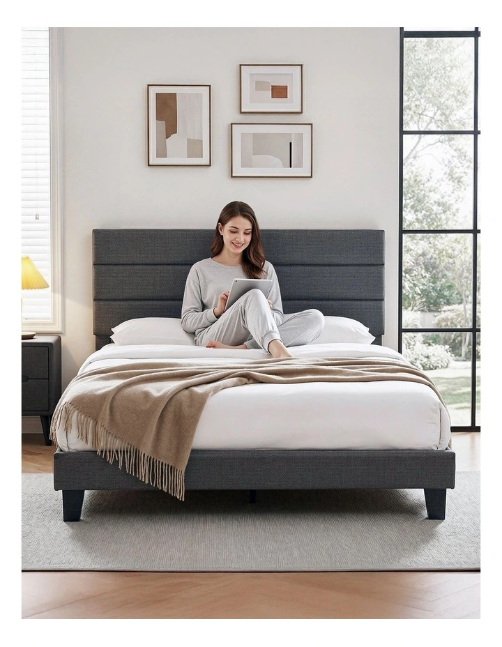 Artiss Double Upholstered Bed Frame Geometric Headboard Linen Charcoal Grey image 5