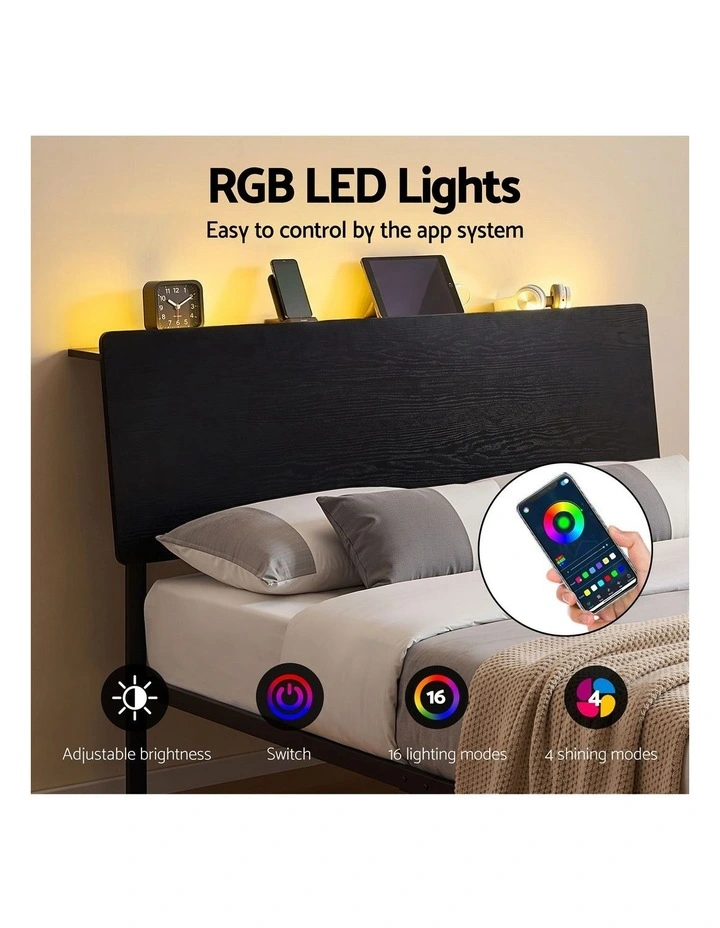 Artiss Bed Frame Queen Size LED Metal Bed Base with Charging Station LAN image 4