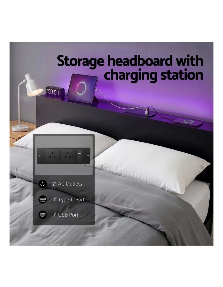 Artiss Bed Frame Queen Size LED Metal Bed Base with Charging Station LAN image 5