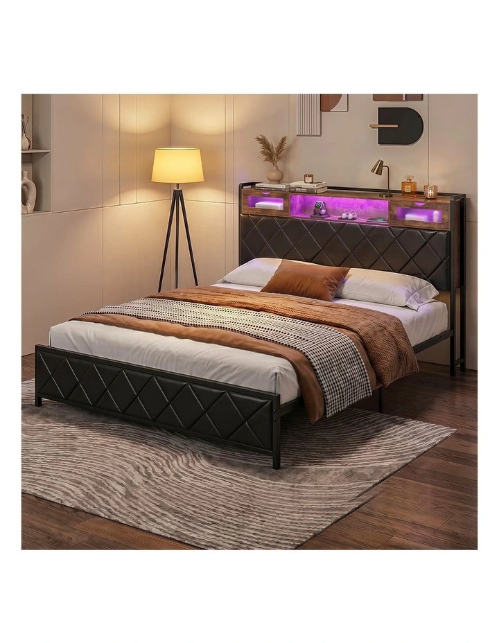 Artiss King Bed Frame with LED Lights and Storage Headboard Charging Station image 6