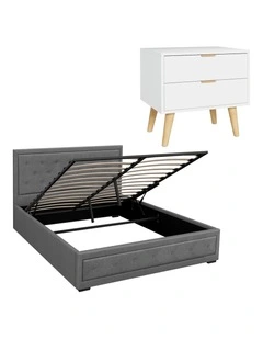 Artiss Upholstered Queen Gas Lift Storage Bed Frame with 2-Drawer Bedside Table Set