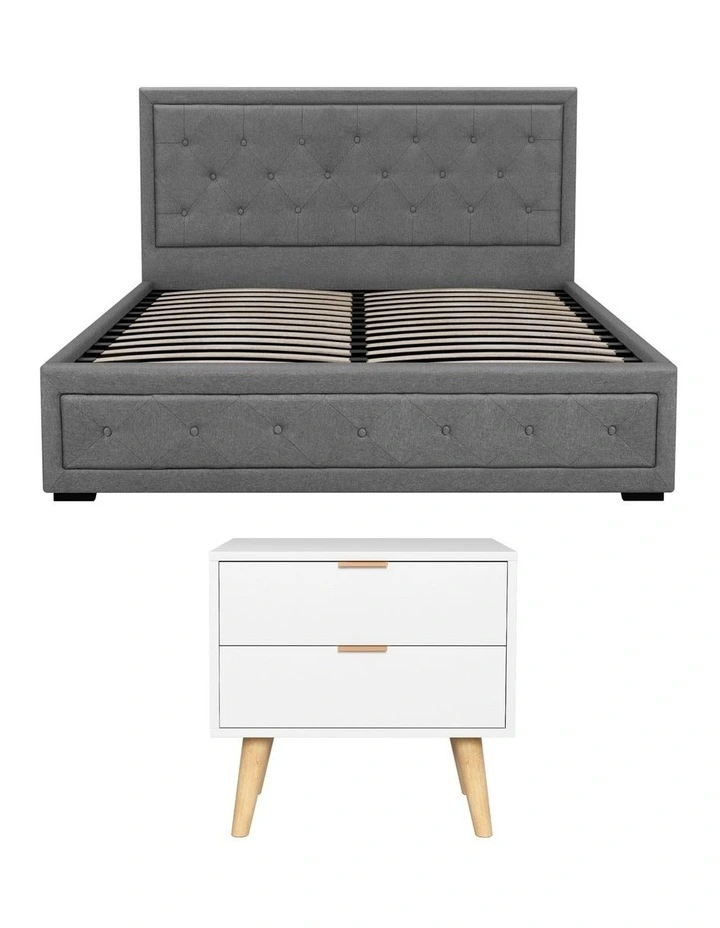 Artiss Upholstered Queen Gas Lift Storage Bed Frame with 2-Drawer Bedside Table Set image 2