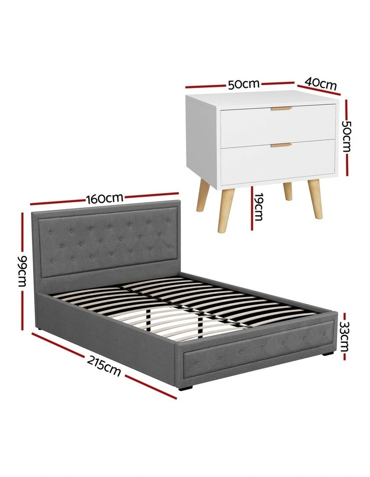 Artiss Upholstered Queen Gas Lift Storage Bed Frame with 2-Drawer Bedside Table Set image 3