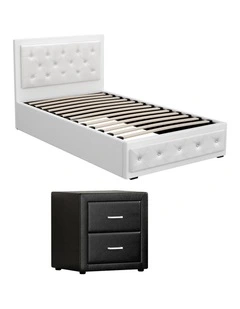Artiss King Single Bed Frame Storage White Leather Gas Lift Bed Black Bedside Table Set