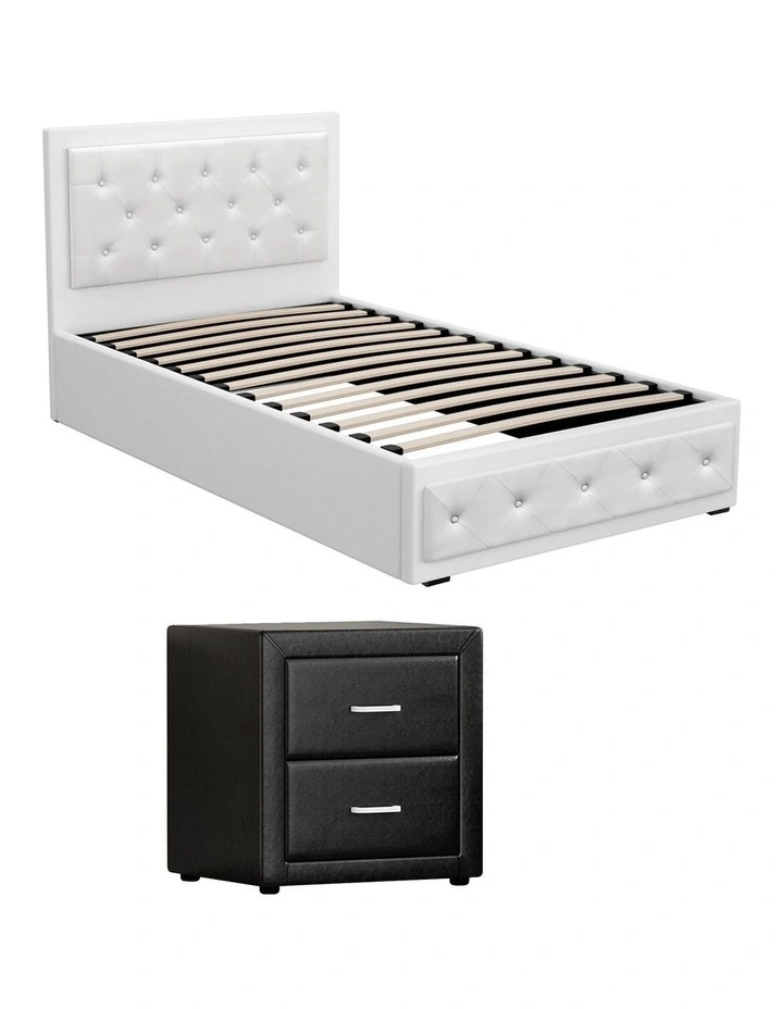 Artiss King Single Bed Frame Storage White Leather Gas Lift Bed Black Bedside Table Set image 1
