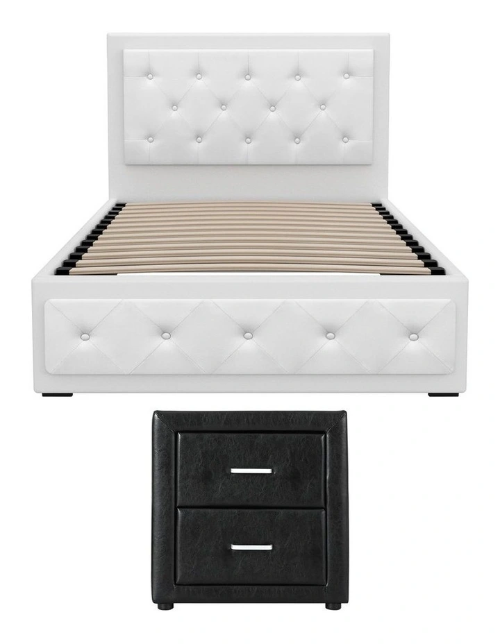 Artiss King Single Bed Frame Storage White Leather Gas Lift Bed Black Bedside Table Set image 2