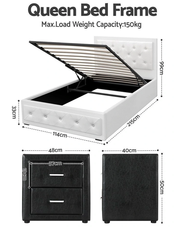 Artiss King Single Bed Frame Storage White Leather Gas Lift Bed Black Bedside Table Set image 3