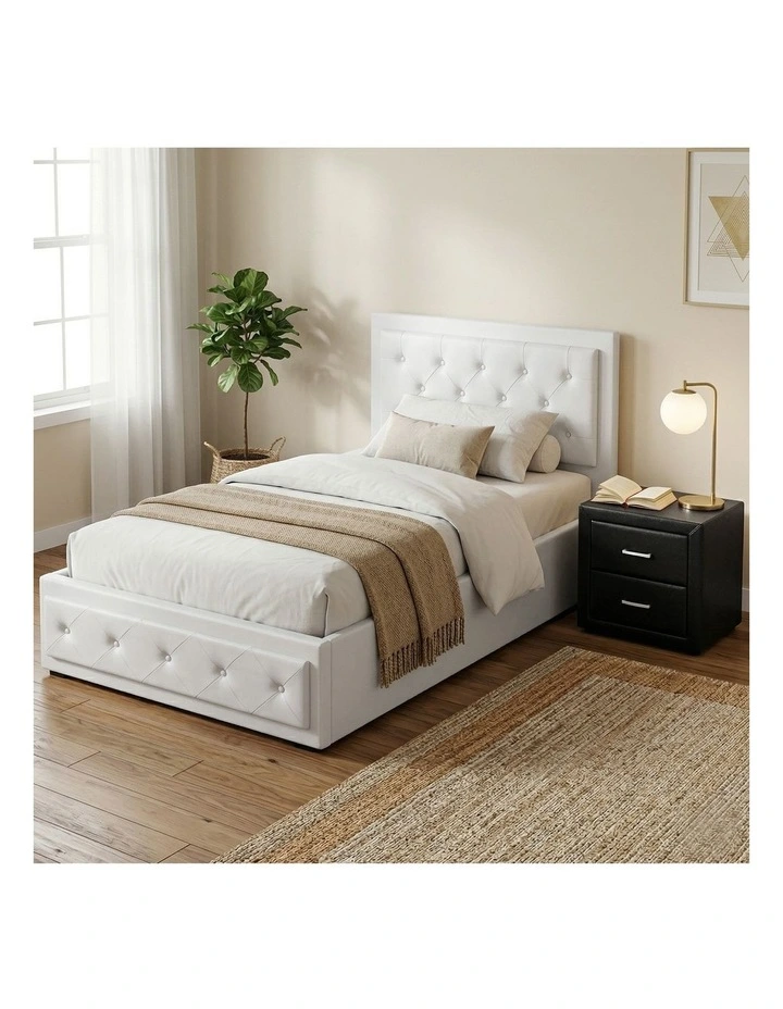 Artiss King Single Bed Frame Storage White Leather Gas Lift Bed Black Bedside Table Set image 4