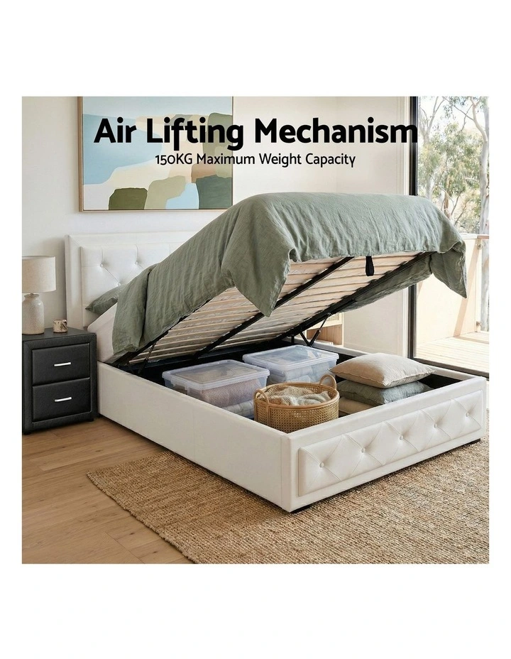 Artiss King Single Bed Frame Storage White Leather Gas Lift Bed Black Bedside Table Set image 5