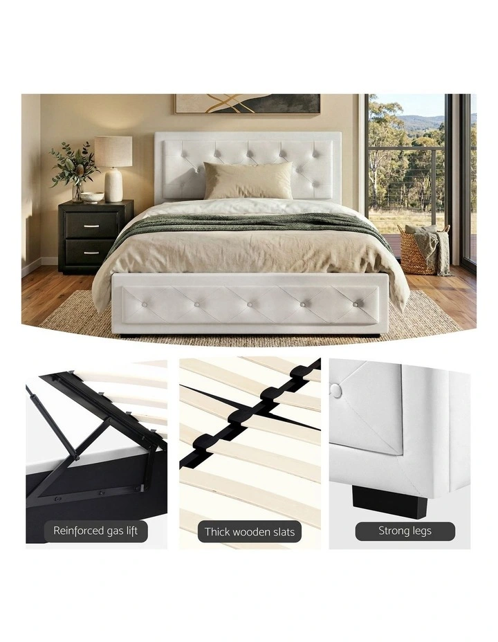 Artiss King Single Bed Frame Storage White Leather Gas Lift Bed Black Bedside Table Set image 7