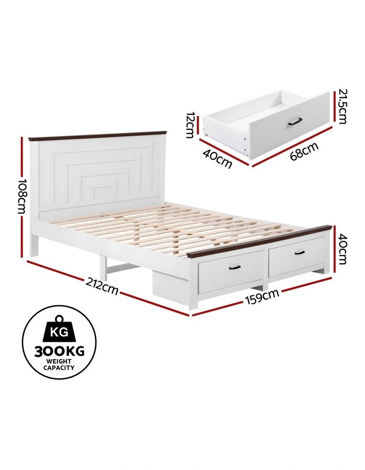 Artiss Queen Wooden Bed Frame 2 Drawers 108cm Solid Headboard White image 3