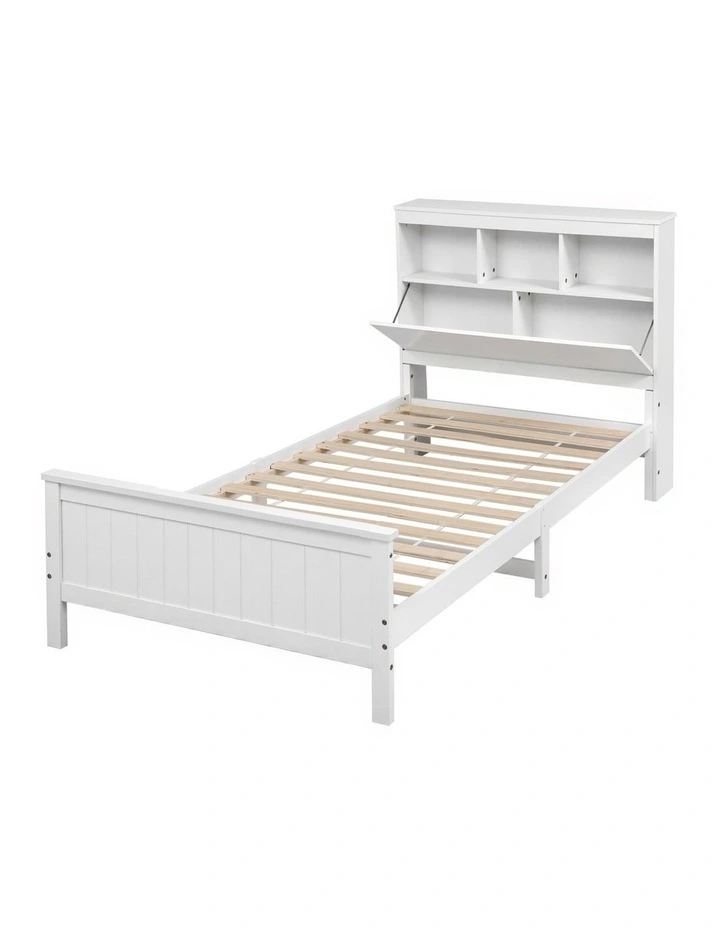 Artiss Single Bed Frame with Storage Headboard and Footboard Wooden Bed Base White image 1