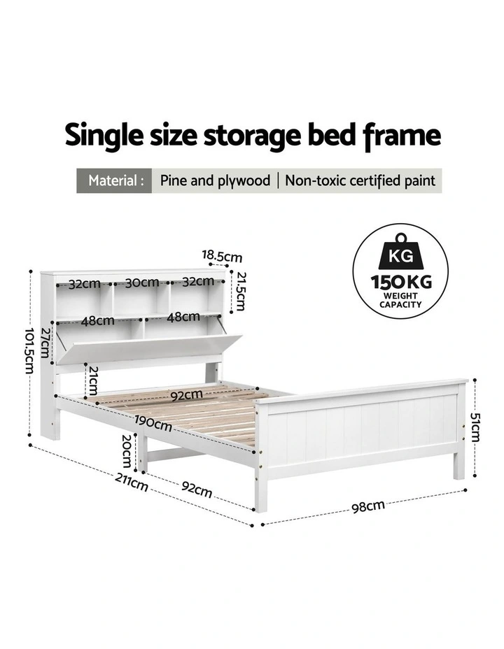 Artiss Single Bed Frame with Storage Headboard and Footboard Wooden Bed Base White image 3