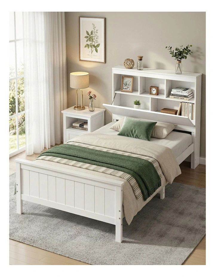 Artiss Single Bed Frame with Storage Headboard and Footboard Wooden Bed Base White image 4