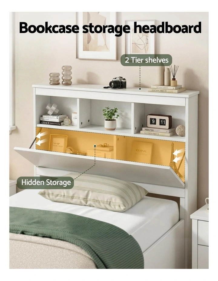 Artiss Single Bed Frame with Storage Headboard and Footboard Wooden Bed Base White image 5