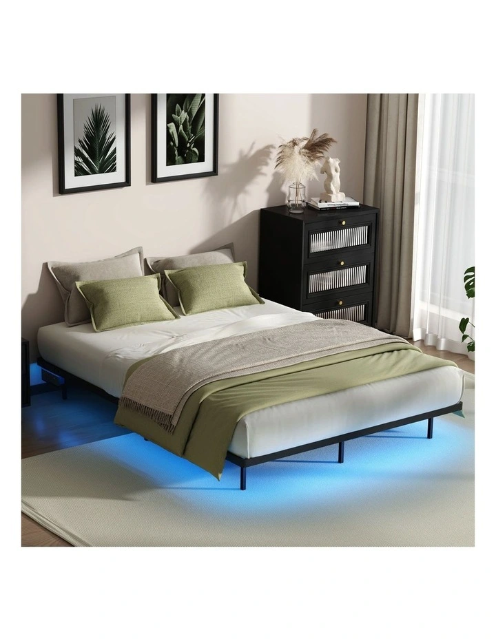 Oikiture Floating Metal Bed Frame Queen Size Platform LED Light AC USB Black image 4