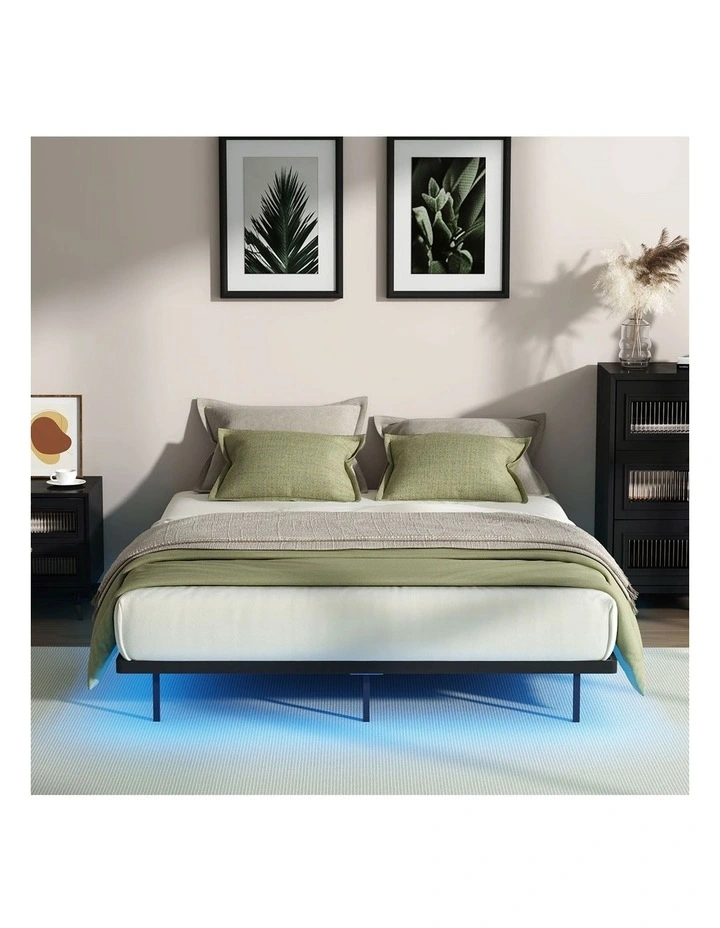 Oikiture Floating Metal Bed Frame Queen Size Platform LED Light AC USB Black image 5