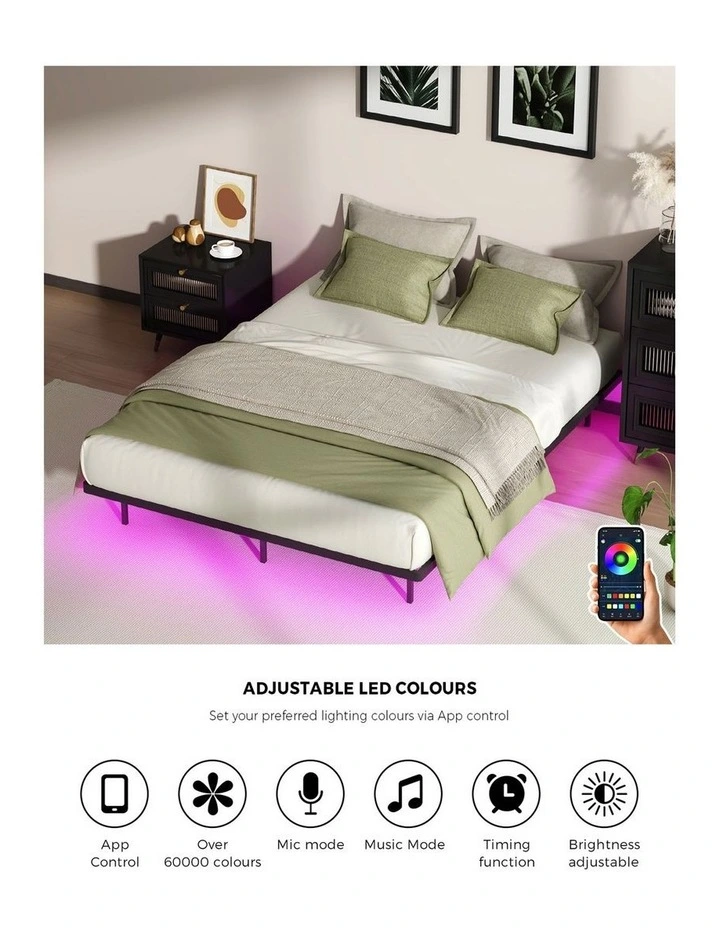 Oikiture Floating Metal Bed Frame Queen Size Platform LED Light AC USB Black image 6