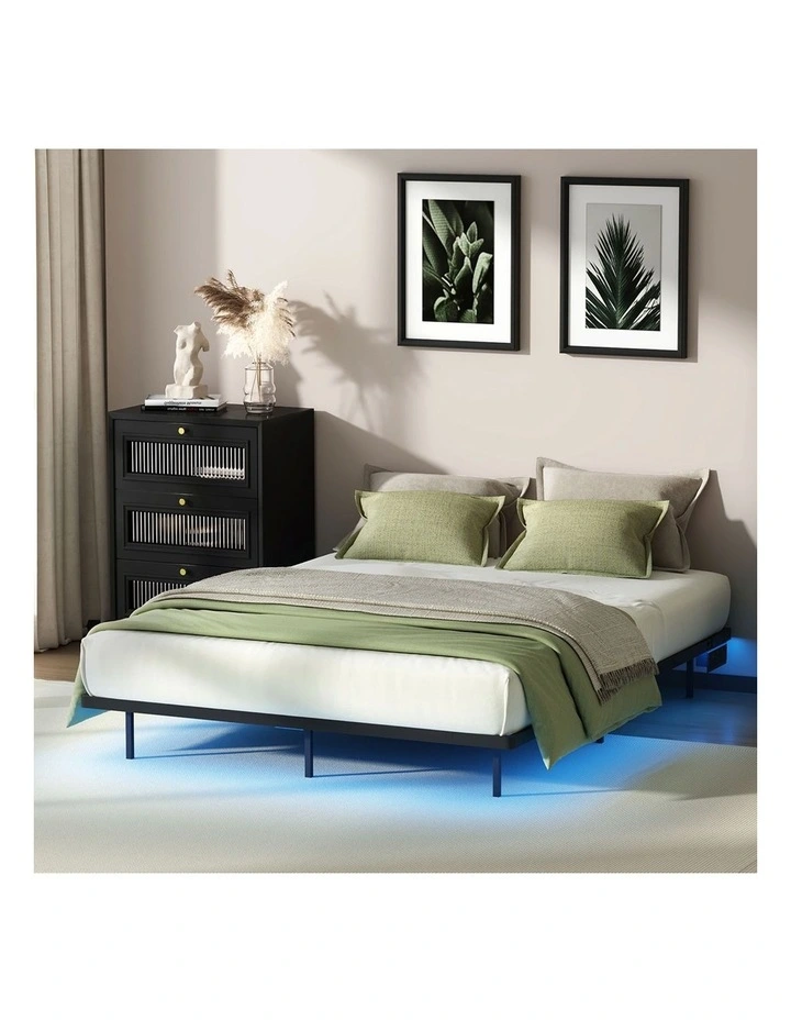 Oikiture Floating Metal Bed Frame Queen Size Platform LED Light AC USB Black image 7